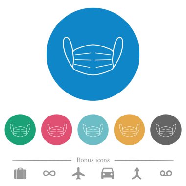 Tıbbi yüz maskesi düz beyaz simgeler, yuvarlak renkli arkaplanlar. 6 bonus simgesi dahil.