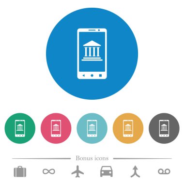 Mobil bankacılık düz beyaz simgeleri yuvarlak renkli arka planlarda. 6 bonus simgesi dahil.