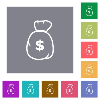 Dolar para çantası basit renk kare arkaplan üzerindeki düz simgeleri özetliyor