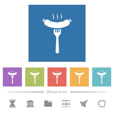 Kare arkaplanda ızgara sosis ve yassı beyaz simgeler. 6 bonus simgesi dahil.