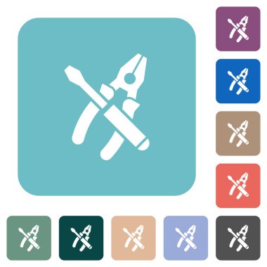 Renkli yuvarlak kare arkaplan üzerinde birleştirilmiş pense ve tornavida beyaz düz simgeler