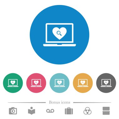 Çevrimiçi flört dizüstü bilgisayarda düz beyaz simgeler, yuvarlak renkli arkaplanlar. 6 bonus simgesi dahil.