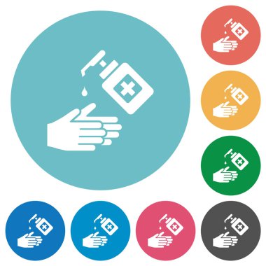 El yıkama ve el dezenfektanı ile düz beyaz simgeler yuvarlak renkli arka planda