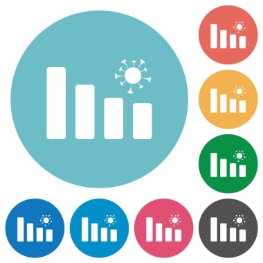 Yuvarlak renk arkaplan üzerinde Covid grafik düz beyaz simgeler