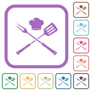 Mangal çatalı ve spatula, beyaz arka planda basit renkli yuvarlak kare çerçeve simgeleriyle şef şapkası.