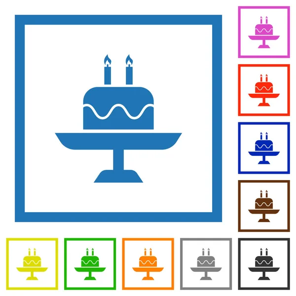 Bolo Aniversário Com Velas Ícones Cor Plana Quadros Quadrados Fundo —  Vetores de Stock