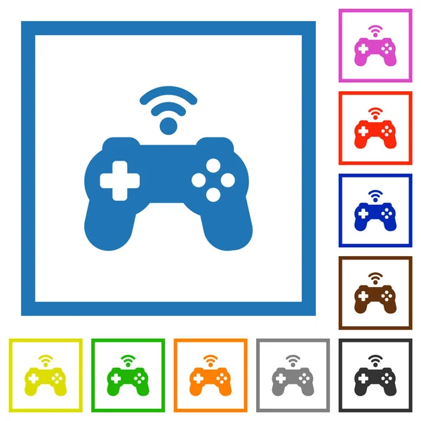 Wireless Game Controller Flat Color Icons Square Frames White Background — Archivo Imágenes Vectoriales