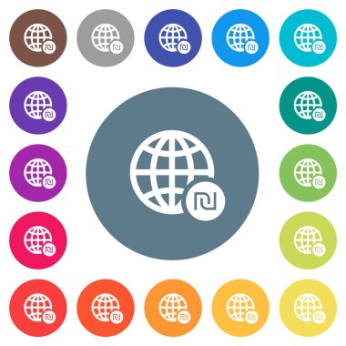 Çevrimiçi Shekel ödeme düz beyaz simgeler yuvarlak renk arkaplan. 17 arkaplan renk varyasyonu dahil.