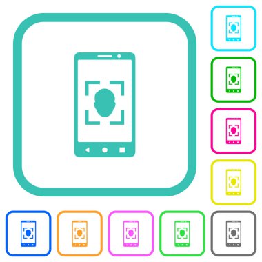 Beyaz arkaplan üzerinde eğimli sınırlarda mobil yüz tanıma canlı renkli düz simgeler