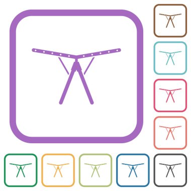 Katlanabilir çamaşır kurutma makinesi beyaz arkaplandaki renkli yuvarlak kare çerçeveler içinde basit simgeler