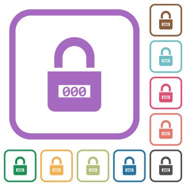 Beyaz arkaplandaki renkli yuvarlak kare çerçeveler içinde basit simgelerle kilitli kombinasyon kilidi