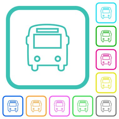 Beyaz arkaplan üzerinde eğimli sınırlarda otobüs ön görünümü ana hatları canlı renkli düz simgeler