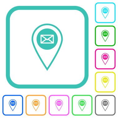 GPS konumu beyaz arkaplan üzerinde eğri kenarlıklarda e- posta renkli düz simgeler gönder