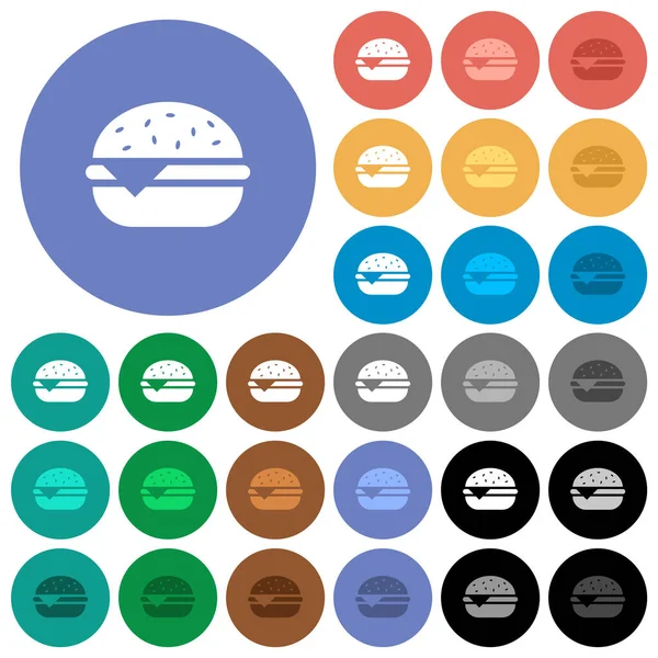 Icônes Plates Multicolores Cheeseburger Unique Sur Des Fonds Ronds Inclus — Image vectorielle