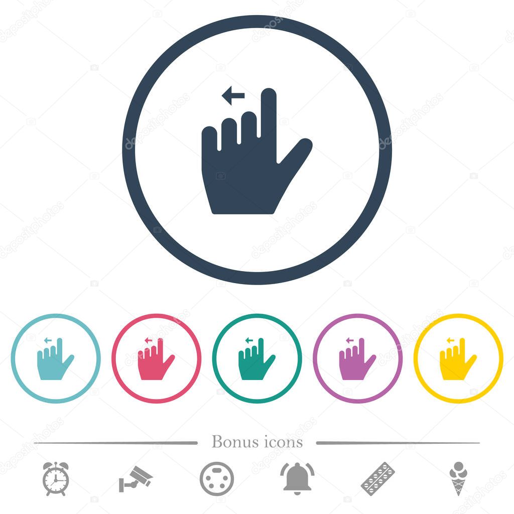 Left handed move left gesture flat color icons in round outlines. 6 bonus icons included.