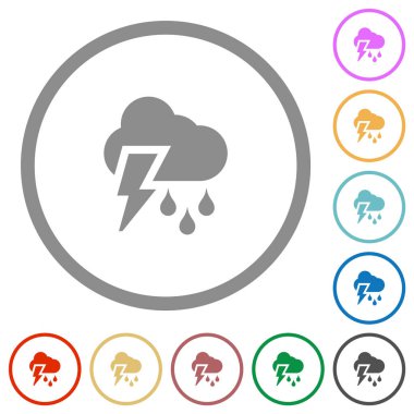 Fırtınalı hava düz renk simgeleri beyaz arkaplanda yuvarlak ana hatlarda