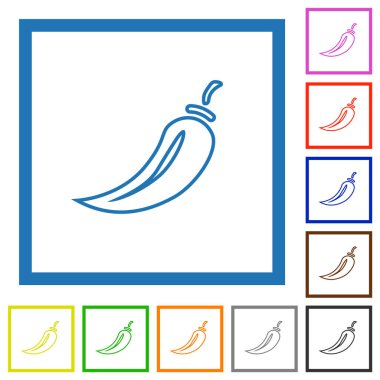 Beyaz arkaplanda kare çerçeveli kırmızı biber düz renk simgeleri