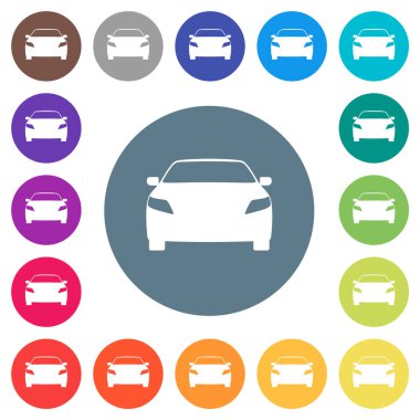 Spor araba ön görünümü düz beyaz simgeler yuvarlak renk arkaplan. 17 arkaplan renk varyasyonu dahil.