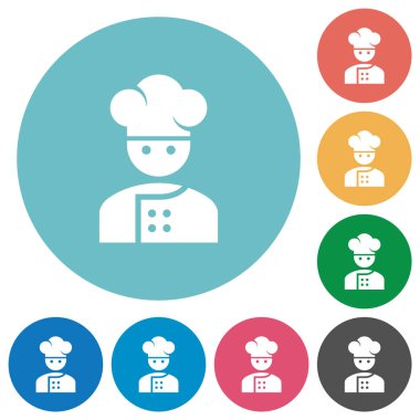 Şefin düz beyaz simgeleri yuvarlak renkli arkaplanlarda