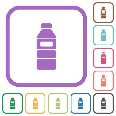 Beyaz arkaplanda renkli yuvarlak kare çerçeveli basit simgelerle etiketlenmiş su şişesi