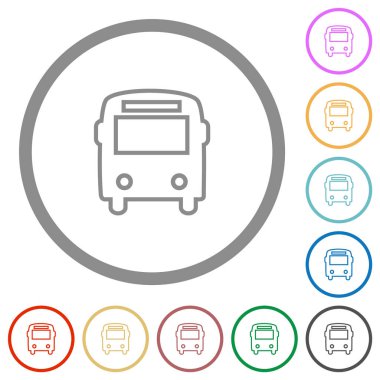 Beyaz arkaplan üzerinde yuvarlak anahatlar içinde otobüs ön görünümü düz renk simgeleri