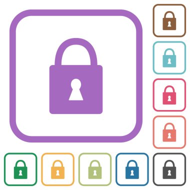 Kilitli asma kilit, beyaz arkaplan üzerinde renkli yuvarlak kare çerçeveli basit simgelerle anahtar deliği simgeleriyle