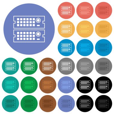 Rack servers outline multi colored flat icons on round backgrounds. Included white, light and dark icon variations for hover and active status effects, and bonus shades.