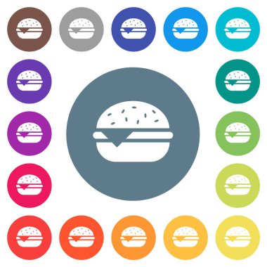 Single cheeseburger flat white icons on round color backgrounds. 17 background color variations are included.