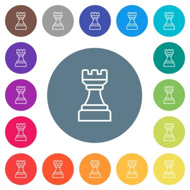 White chess rook flat white icons on round color backgrounds. 17 background color variations are included.