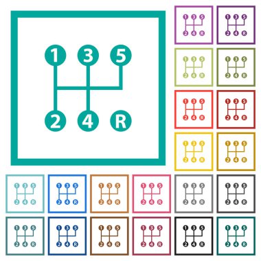 Beyaz arkaplanda çeyrek çerçeve bulunan beş hız manuel vites kayması düz renk simgesi