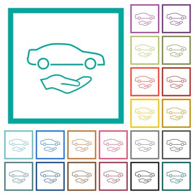 Car services outline flat color icons with quadrant frames on white background