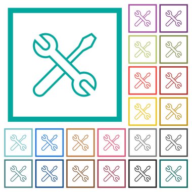 Crossed wrench and screwdriver outline flat color icons with quadrant frames on white background