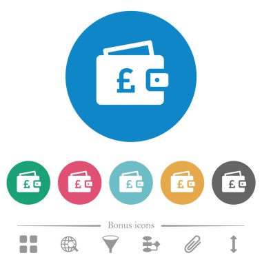 Pound cüzdan düz beyaz simgeler yuvarlak renk arka planda. 6 bonus simgesi dahil.