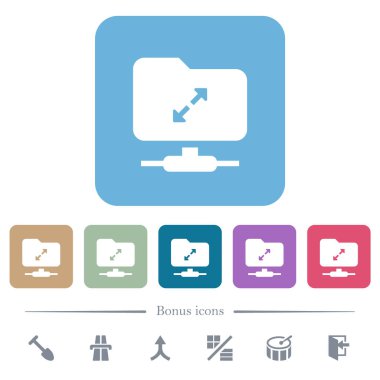 Renkli yuvarlak kare arkaplanlarda FTP sıkıştırılmış beyaz düz simgeleri aç. 6 bonus simgesi dahil