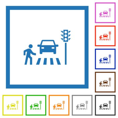 Beyaz arkaplanda kare çerçeveler içinde düz renk simgelerini geçen yayalar