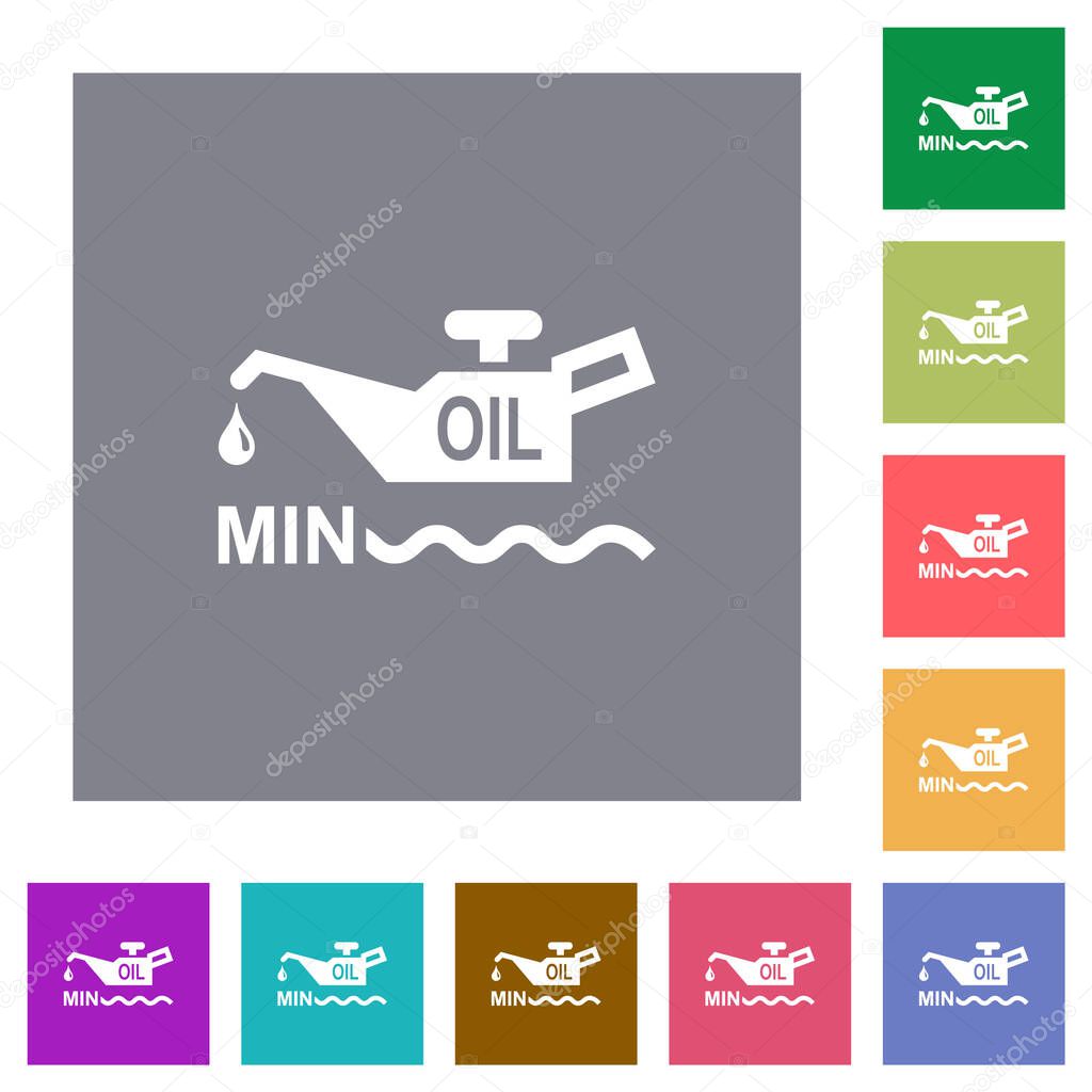Oil level minimum indicator flat icons on simple color square backgrounds