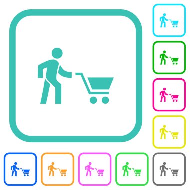 Beyaz arkaplanda kıvrımlı sınırlarda el arabası renkli düz simgelerle alışveriş yapan kişi