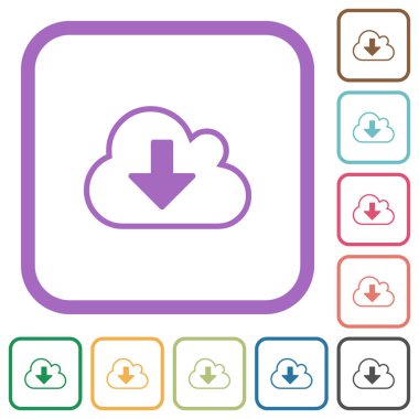Bulut indirme ana hatlarını beyaz arkaplanda renkli yuvarlak kare çerçevelerle basit simgelerle indir