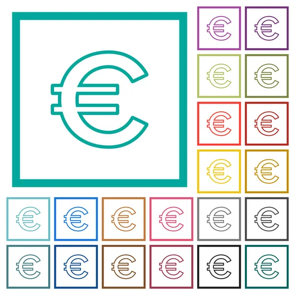 Euro Teken Omtrek Vlakke Kleuren Pictogrammen Met Kwadrant Frames Witte — Stockvector