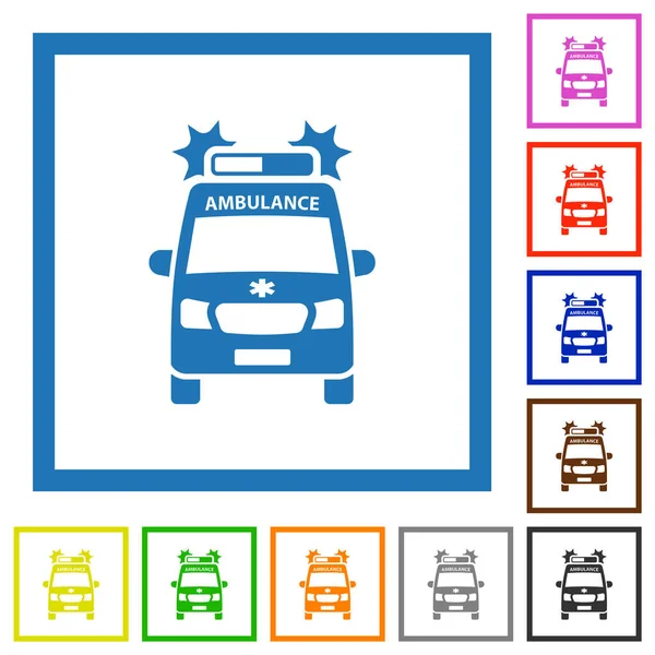 Lampeggiante Ambulanza Auto Vista Frontale Icone Colori Piatte Cornici Quadrate — Vettoriale Stock
