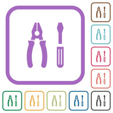 Beyaz arkaplanda renkli yuvarlak kare çerçeveler halinde birleştirilmiş pense ve tornavida simgeleri