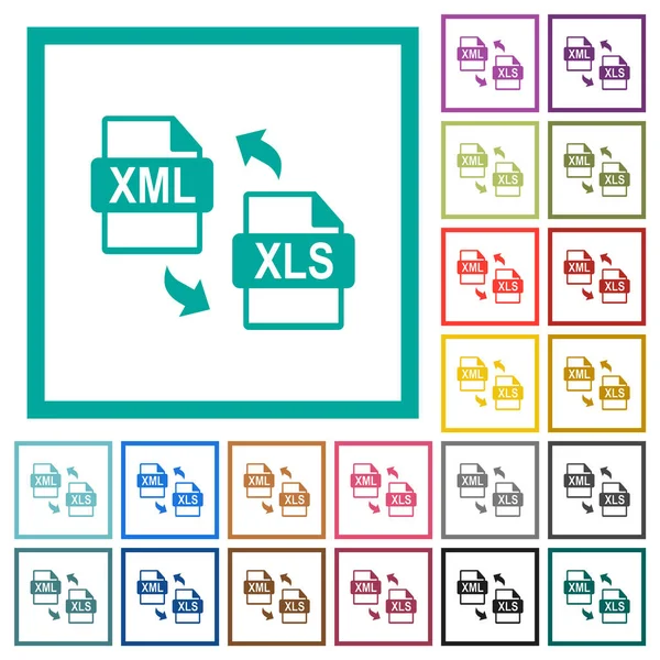 Xml Xls Bestand Conversie Platte Kleur Pictogrammen Met Kwadrant Frames — Stockvector