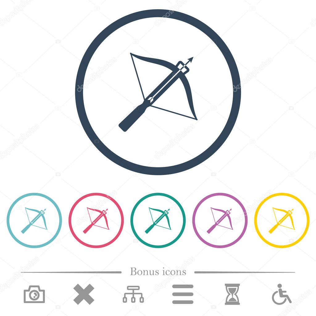 Crossbow with arrow flat color icons in round outlines. 6 bonus icons included.