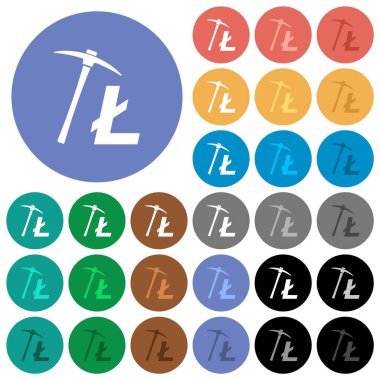 Litecoin kripto para birimi, arka planda çok renkli düz simgeler çıkarıyor. Uçma ve aktif durum efektleri için beyaz, açık ve koyu simge varyasyonları ve bonus gölgeler.