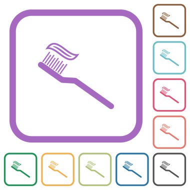 Diş macunlu diş fırçası beyaz arkaplanda renkli yuvarlak kare çerçeveli basit simgeler