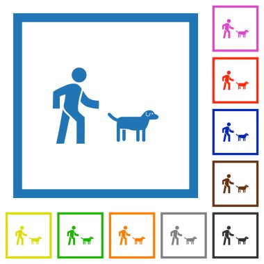 Beyaz arkaplanda kare çerçeveler halinde köpek yürüyen düz renk simgeleri