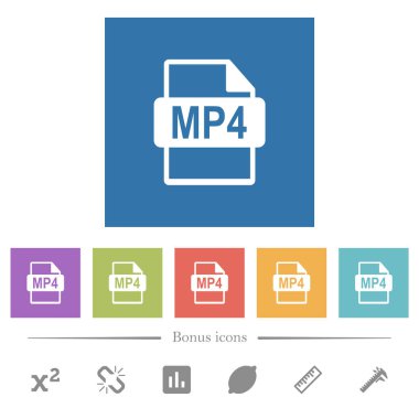 MP4 dosya biçimi kare arkaplanda düz beyaz simgeler. 6 bonus simgesi dahil.