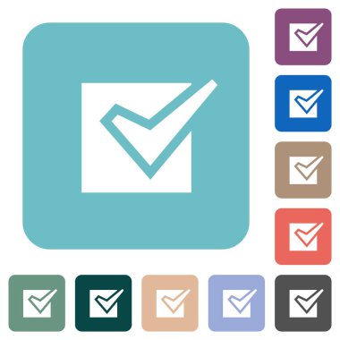 Renkli yuvarlak kare arkaplanlar üzerinde işaretlenmiş düz beyaz düz simgeler