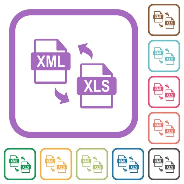 Xml Xls Bestand Conversie Eenvoudige Pictogrammen Kleur Afgeronde Vierkante Frames — Stockvector