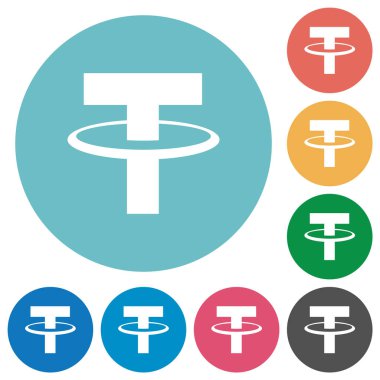 Yuvarlak renk arkaplanındaki dijital kripto para birimi düz beyaz simgelerini bağla